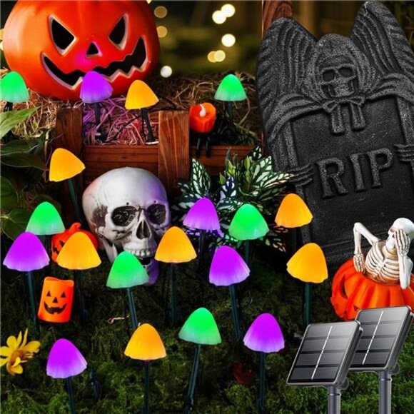 2PK 55FT 32LED Orange and Green Solar Mushroom Lights Outdoor, Solar String - Picture 1 of 7